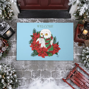 Festive Snowy Owl Red Poinsettias Christmas Scarf Doormat