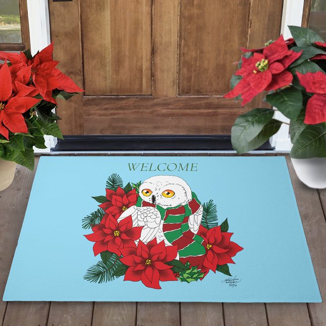 Festive Snowy Owl Red Poinsettias Christmas Scarf Doormat (Creator Uploaded)