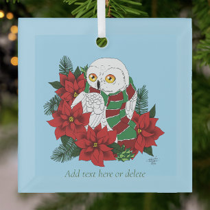 Festive Snowy Owl Red Poinsettias Christmas Scarf Glass Ornament