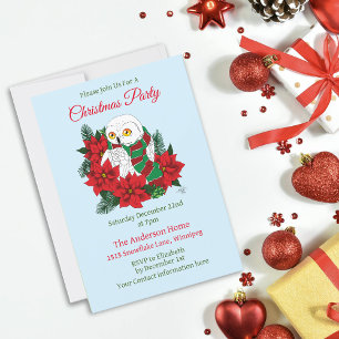 Festive Snowy Owl Red Poinsettias Christmas Scarf Invitation