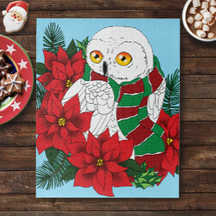 Festive Snowy Owl Red Poinsettias Christmas Scarf Jigsaw Puzzle