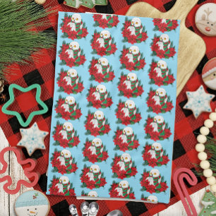 Festive Snowy Owl Red Poinsettias Christmas Scarf Kitchen Towel