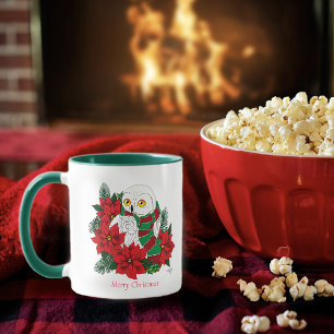 Festive Snowy Owl Red Poinsettias Christmas Scarf Mug
