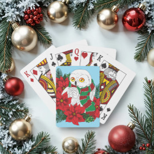 Festive Snowy Owl Red Poinsettias Christmas Scarf Poker Cards