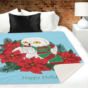 Festive Snowy Owl Red Poinsettias Christmas Scarf Sherpa Blanket