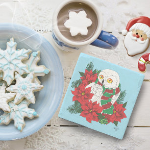 Festive Snowy Owl Red Poinsettias Christmas Scarf Stone Coaster
