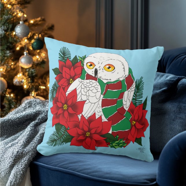 Festive Snowy Owl Red Poinsettias Christmas Scarf Throw Pillow (Creator Uploaded)