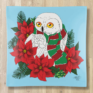 Festive Snowy Owl Red Poinsettias Christmas Scarf Trinket Tray
