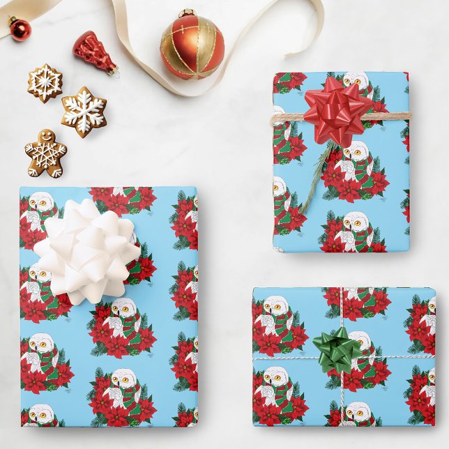 Festive Snowy Owl Red Poinsettias Christmas Scarf Wrapping Paper Sheets (Creator Uploaded)