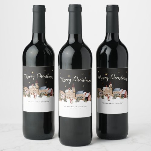 Festive Snowy Village Watercolor Christmas Wine  Label