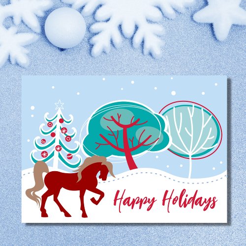Festive Snowy Winter Horse Scene Christmas Holiday Card