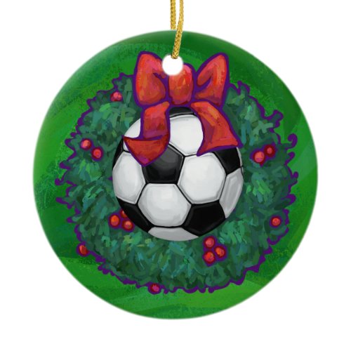 Festive Soccer Ball Christmas Wreath on Green Ceramic Ornament