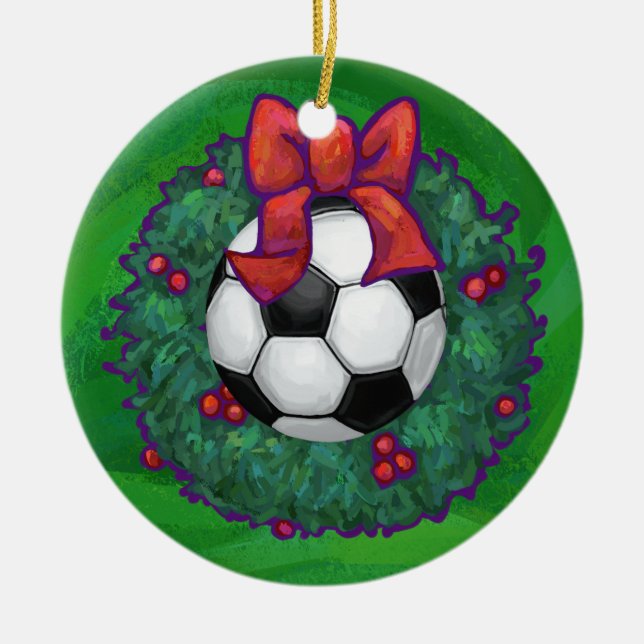 Festive Soccer Ball Christmas Wreath on Green Ceramic Ornament (Front)