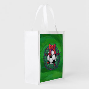 Festive Soccer Ball Christmas Wreath on Green Grocery Bag