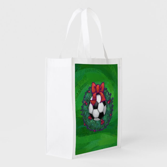 Festive Soccer Ball Christmas Wreath on Green Grocery Bag (Back Side)
