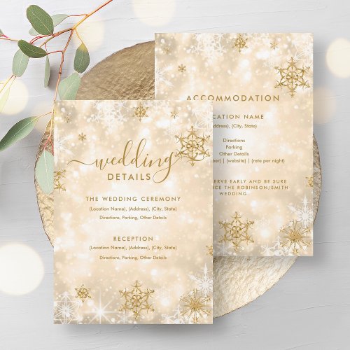 Festive Sparkle Gold Winter Wedding Details Card