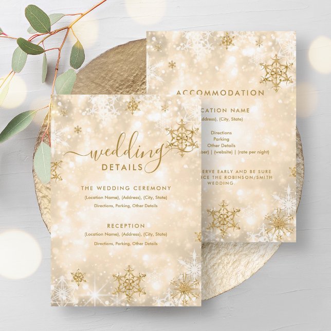 Festive Sparkle Gold Winter Wedding Details Card (Festive Sparkle Gold Winter Wedding Details Card)