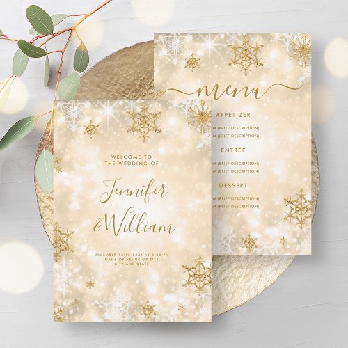 Festive Sparkle Gold Winter Wedding Menu  Invitation