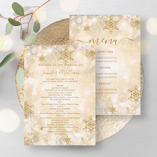 Festive Sparkle Gold Winter Wedding Menu Program