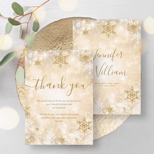 Festive Sparkle Gold Winter Wedding Thank You Card