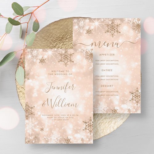 Festive Sparkle Rose Gold Winter Wedding Menu  Invitation