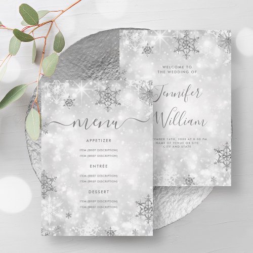 Festive Sparkle Silver Winter Wedding Menu  Invitation