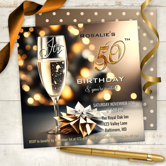 Festive Sparkling 50th Birthday Invitation (Chic and festive 50th birthday party invitation featuring a sparkling beverage on a bokeh background)
