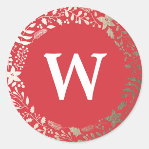Festive Sparkling Florals Holiday Monogram Classic Round Sticker