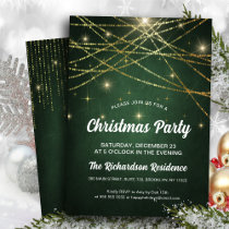 Festive Sparkling Gold String Lights Green Party Invitation