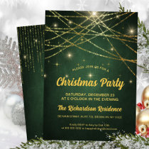 Festive Sparkling Gold String Lights Green Party Invitation