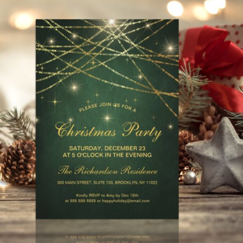 Festive Sparkling Gold String Lights Green Party Invitation