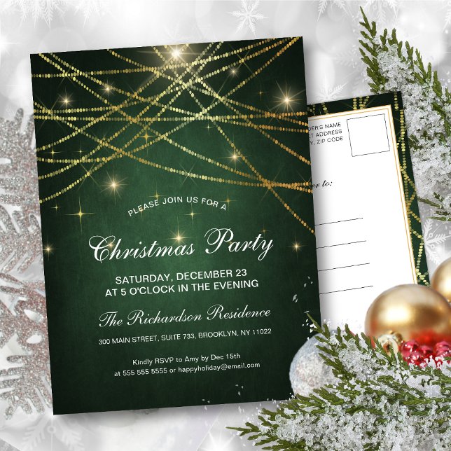 Festive Sparkling Gold String Lights Holiday Party Invitation Postcard (Creator Uploaded)