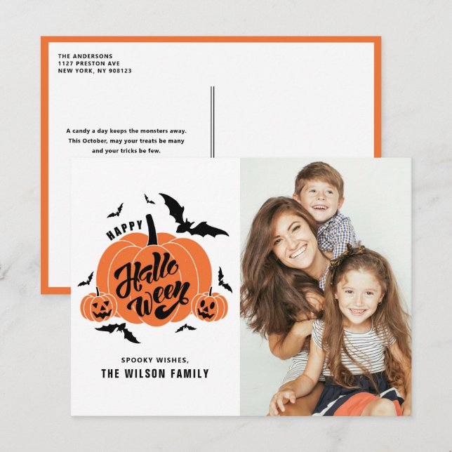Festive Spooky Pumpkins Happy Halloween Photo Holiday Postcard (Front/Back)