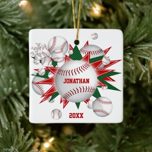festive sports red green baseball softball blowout ceramic ornament