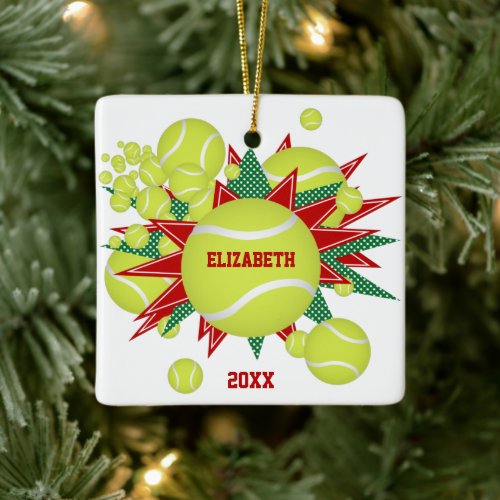 festive sports red green tennis ball blowout ceramic ornament