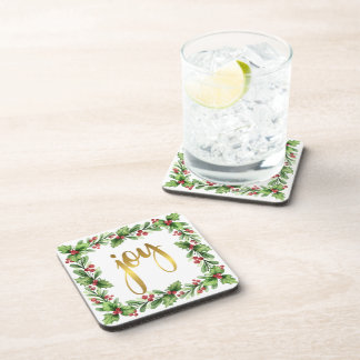 Festive Square Holly Wreath - Faux Gold JOY Beverage Coaster