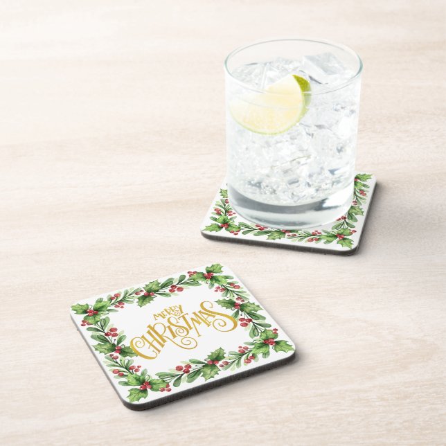 Festive Square Holly Wreath - Gold Merry Christmas Beverage Coaster (Right Side)