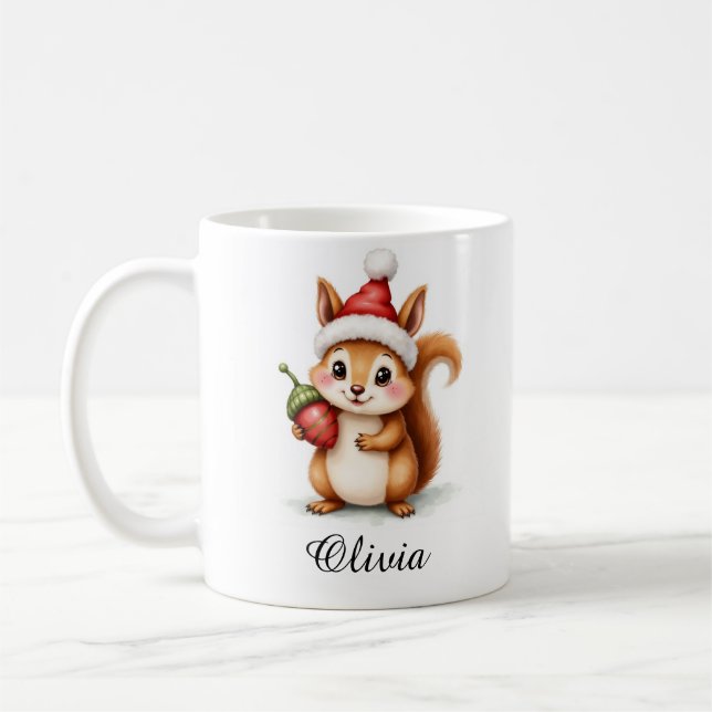 Festive Squirrel in Santa Hat Custom Name Mug (Left)