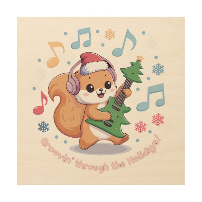 Festive Squirrel Playing Guitar Surrounded by Snow Wood Wall Art (Front)