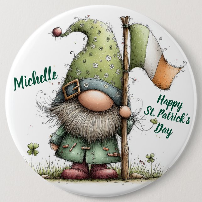 Festive St. Patrick’s Day Gnome With Irish Flag  Button (Front)