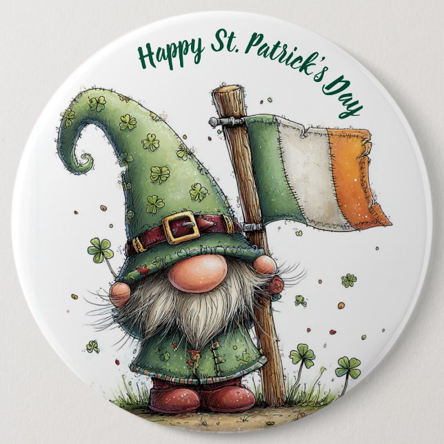 Festive St. Patrick’s Day Gnome With Irish Flag  Button (Front)
