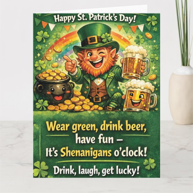 Festive St. Patrick's Day Leprechaun Greeting Card (Front)