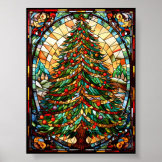 Festive Stained Glass Christmas Tree Holiday Art Poster