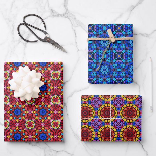 Festive Stained Glass Christmas Tree Wrapping Paper Sheets (Front)