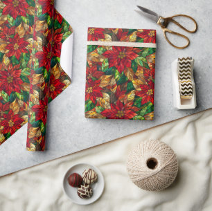 Festive Stained-Glass Poinsettia Pattern Wrapping Paper