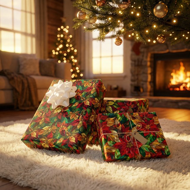 Festive Stained-Glass Poinsettia Pattern Wrapping Paper Sheets (Creator Uploaded)