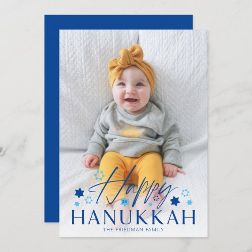 Festive Starry Happy Hanukkah Blue Photo Card