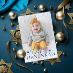 Festive Starry Happy Hanukkah Blue Photo Holiday Card<br><div class="desc">Modern font duo of "Happy Hanukkah" with jewish stars,  over your full bleed photo with optional paragraph on the back.  Add your own photo to the back if desired.</div>