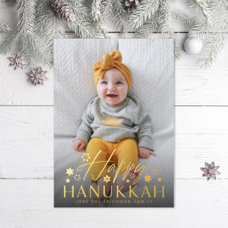 Festive Starry Happy Hanukkah Photo Gold Foil Holiday Card