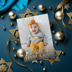 Festive Starry Happy Hanukkah Photo Gold Foil Holiday Card